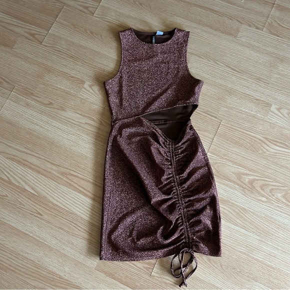 H&M Divided Brown Glitter Ruched Mini Dress Small - Picture 1 of 9